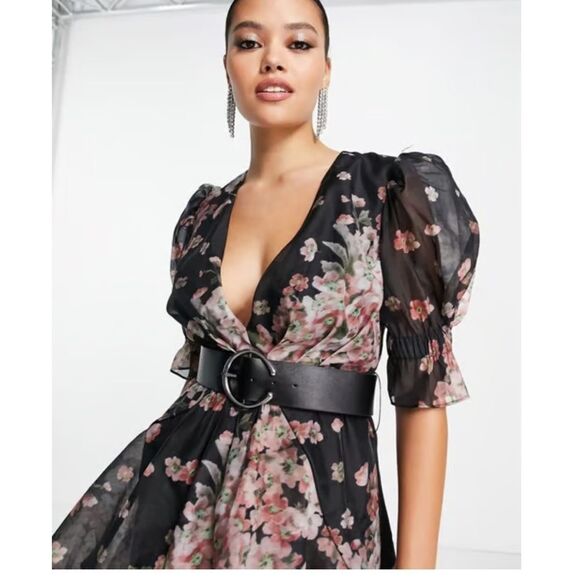 ASOS DESIGN dark sleeve voile midi tea dress with puff sleeves - Picture 6 of 7